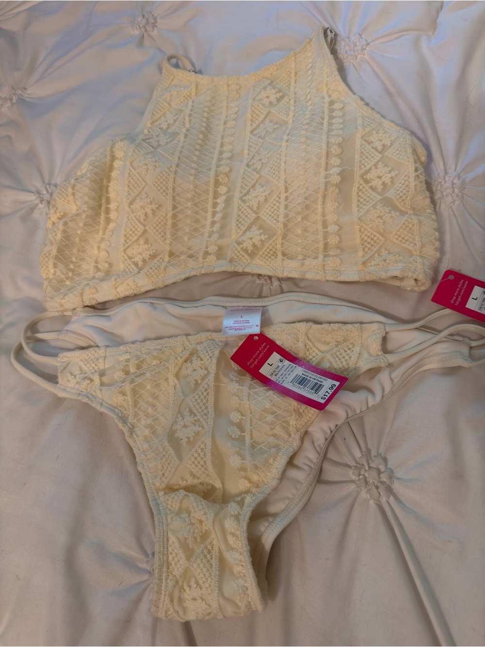 Cream Lace High-Neck Bralette and Bikini Set